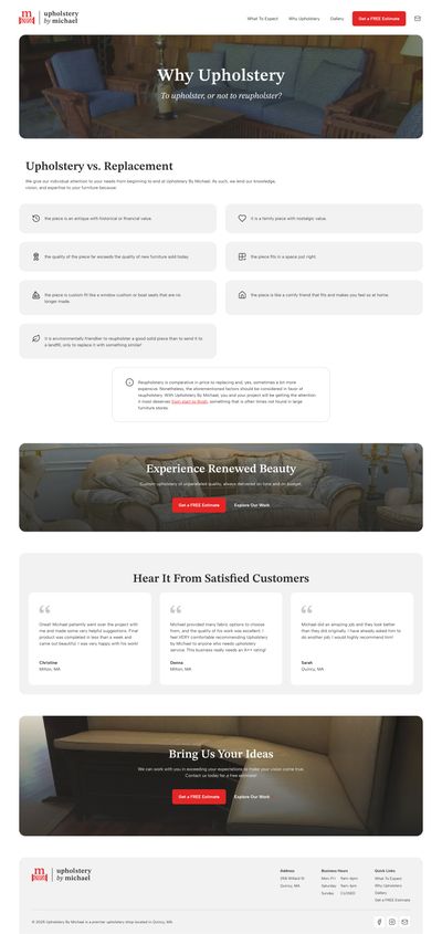 Full-page desktop screenshot of Upholstery By Michael Why Upholstery page