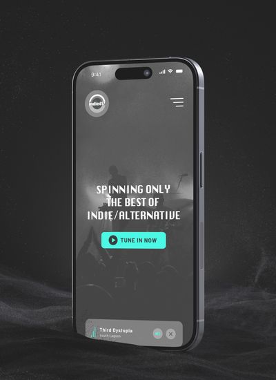 Mobile mockup showing indie617 homepage on an iPhone